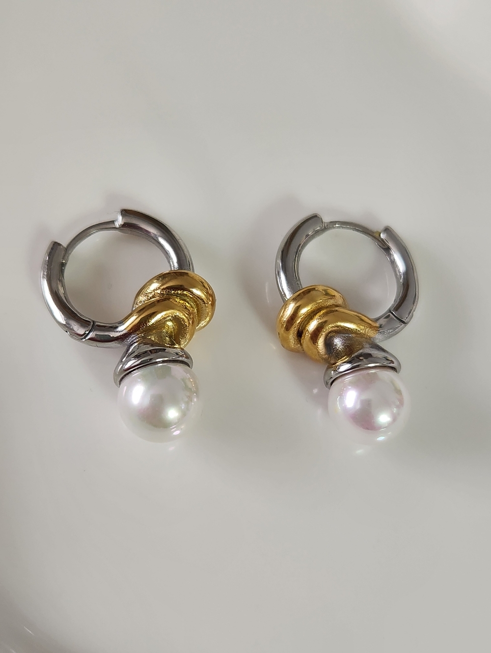 Two Tone Faux Pearl Hoop Earrings